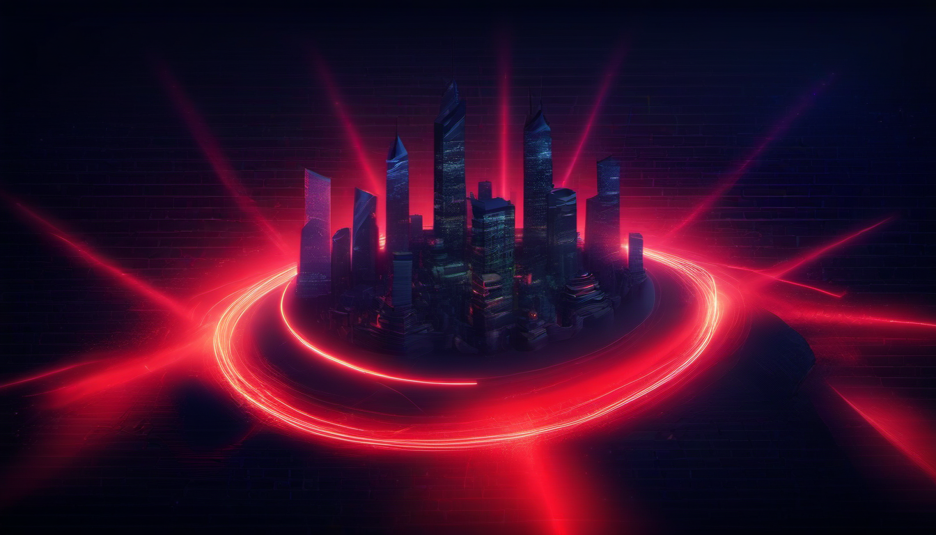 Visualisierung einer Cyberbedrohung: Digitaler Schutzschild vor einer Stadtsilhouette mit roten Bedrohungsindikatoren